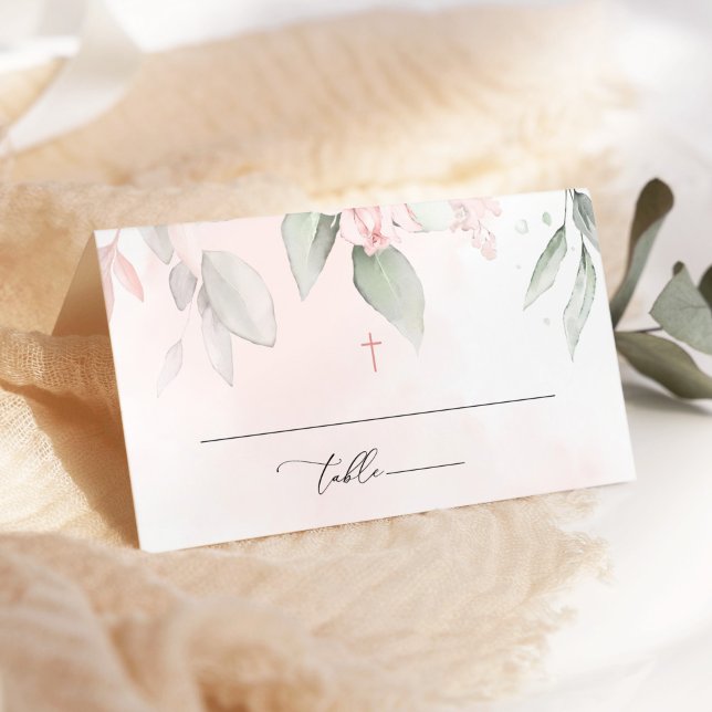 Carte De Placement Blush Pink Flowers, Greenery, Boho, Floral Baptism (Créateur téléchargé)