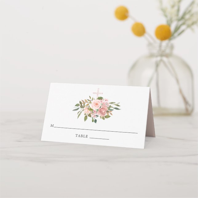 Carte De Placement Blush Rose & Rose Gold Floral First Holy Communion (Devant)