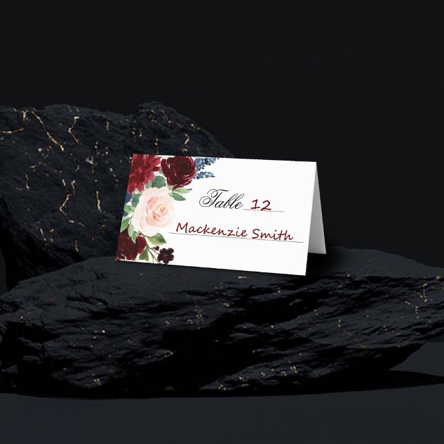 Carte De Placement Boho Bloom | Bouquet bleu marine bleu Bourgogne (Créateur téléchargé)