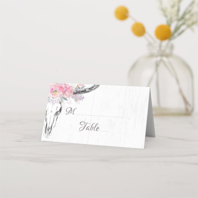Carte De Placement Boho crâne de vache rustique Floral Blush Mariage  (Devant)