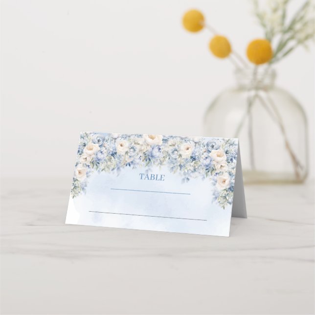 Carte De Placement Boho Elegant Dusty Blue et ivoire Fleurs hiver (Devant)