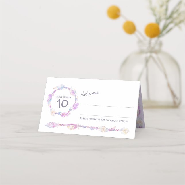 Carte De Placement Boho plume perle mariage pourpre (Devant)