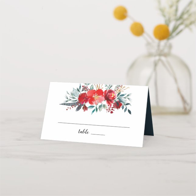 Carte De Placement Boho Red Floral Plume Wreath Monogramme Mariage (Devant)