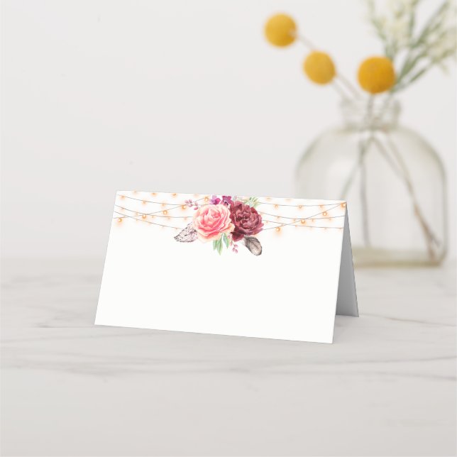Carte De Placement Boho Roses plumes Mariage (Devant)