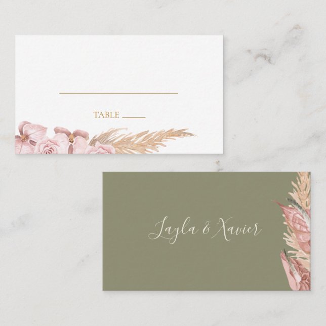 Carte De Placement Boho Tropical Botanical Olive Green Flat Mariage (Devant / Derrière)