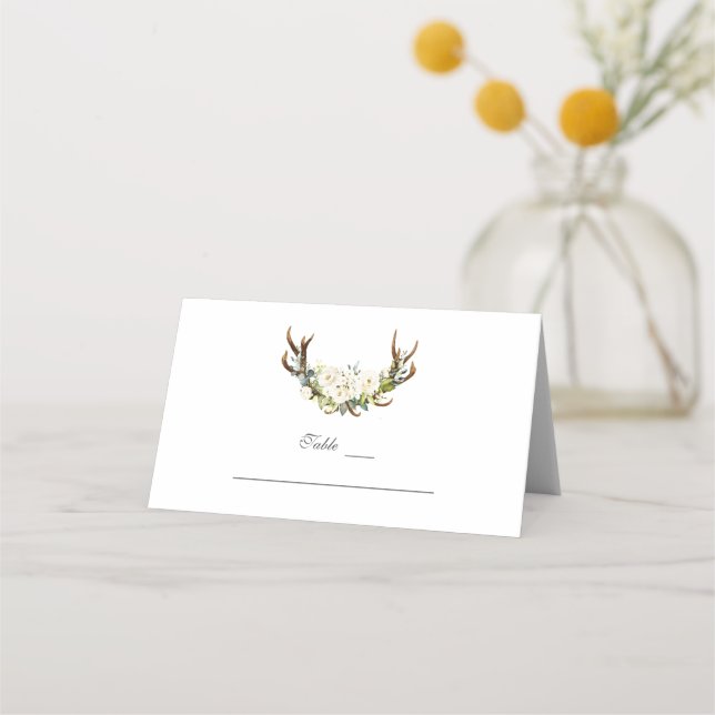 Carte De Placement Boho White Cream Flowers Antlers Numéro de tableau (Devant)