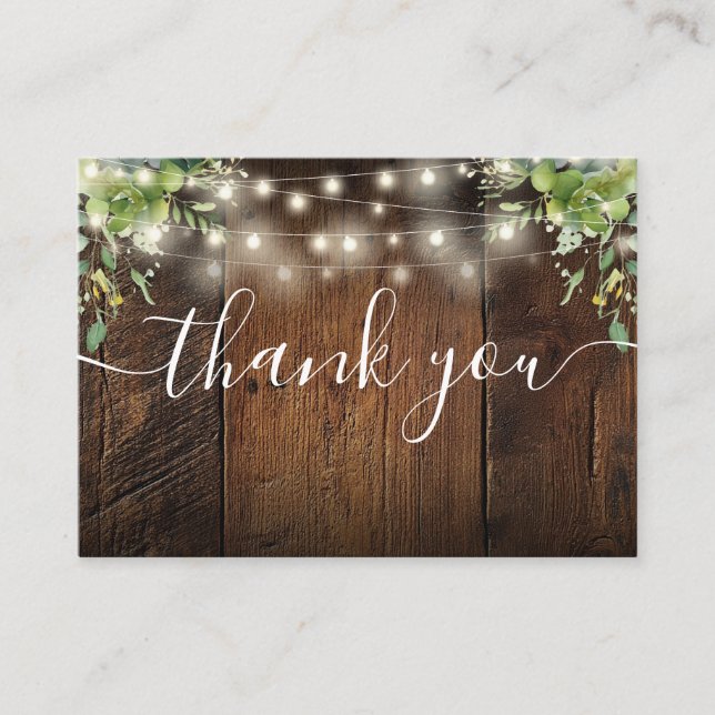 Carte De Placement Bois Chaîne Lumières Verdure Mariage Merci (Devant)