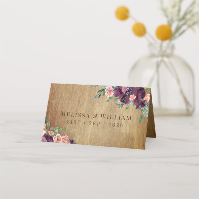 Carte De Placement Bois rustique Bourgogne Blush Floral Mariage (Dos)