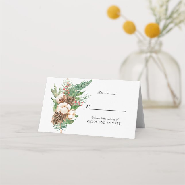 Carte De Placement Botanique d'hiver Blanc Floral Mariage plié (Devant)