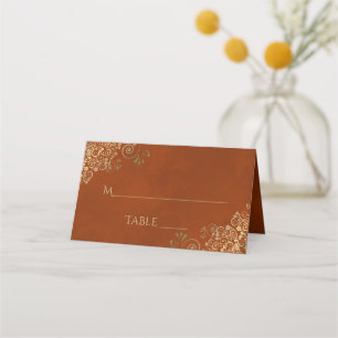 Carte De Placement Boucles dorées sur orange rouille Élégant mariage