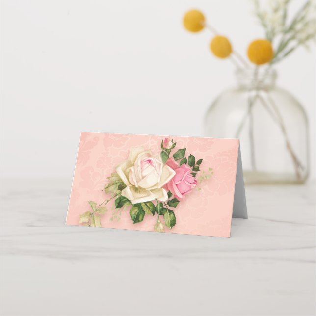 Carte De Placement Bouquet floral rose et rose blanche (Devant)