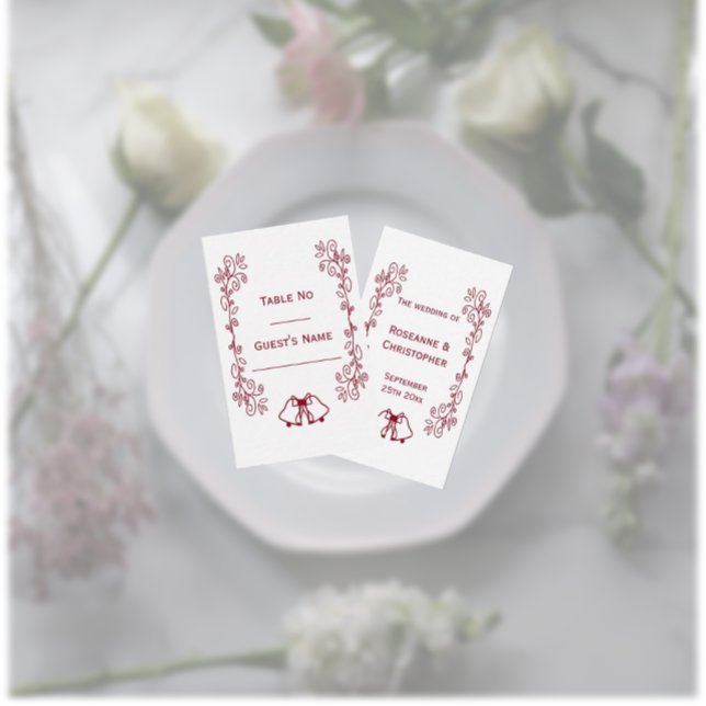 Carte De Placement Burgundy Bells Scrollwork Design Mariage (Burgundy wedding reception dinner place cards bells and scrollwork design)