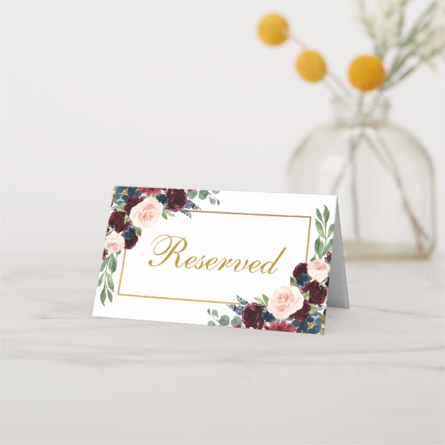 Carte De Placement Burgundy Blue Floral Gold Mariage Réservé (Devant)
