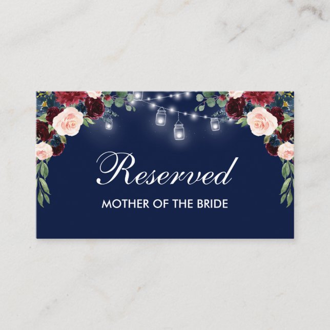 Carte De Placement Burgundy Blue Floral Lights Mariage Nom Réservé (Devant)