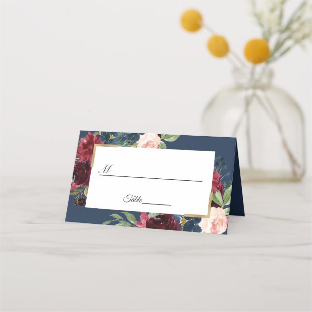 Carte De Placement Burgundy Red Navy Blue Floral Mariage Table (Devant)