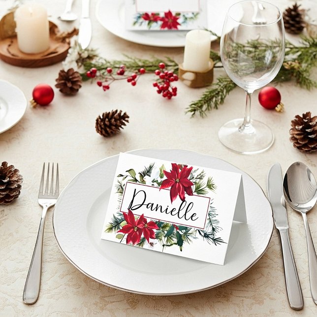 Carte De Placement Cadre poinsettia aquarelle Noël (Créateur téléchargé)