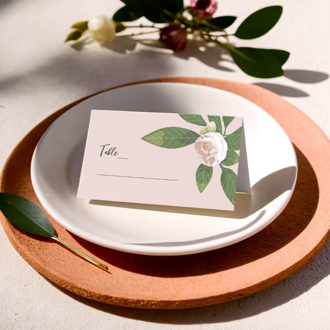 Carte De Placement Camellia et verdure Mariage simple et élégant (Camellia and Greenery Simple Elegant Wedding Place Card)