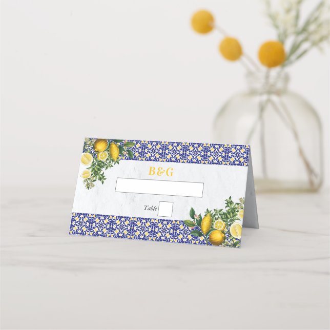 Carte De Placement Carrelage bleu blanc jaune méditerranéen Mariage c (Devant)