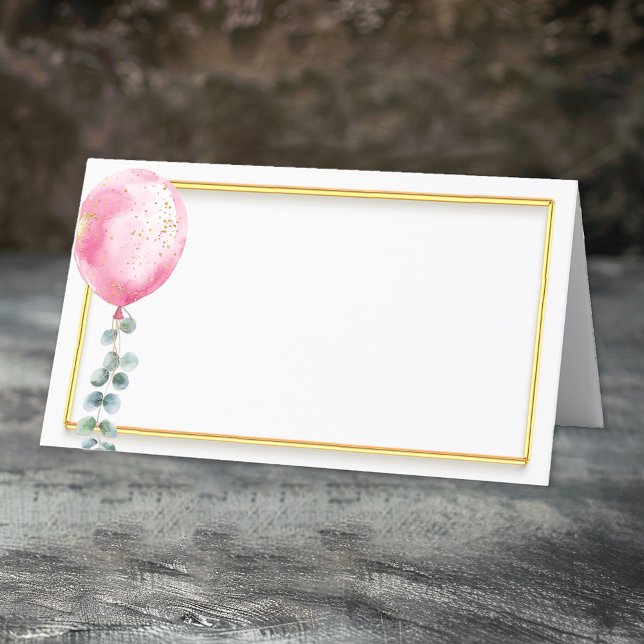 Carte De Placement Carte Baby shower Ballotte Rose | Cadre Or (Pink Balloon & Gold Frame)
