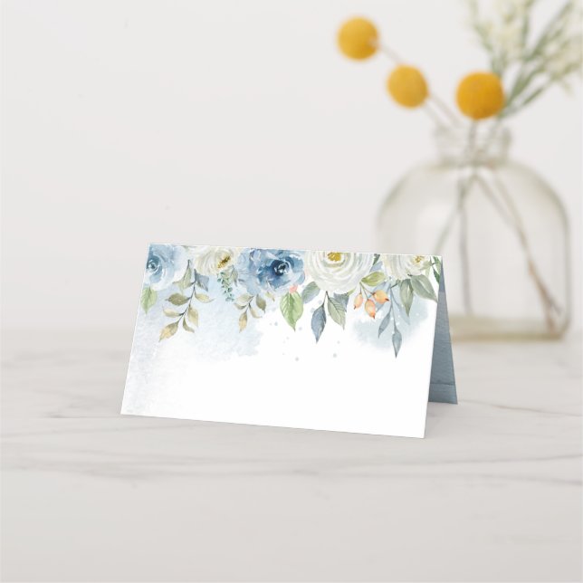 Carte De Placement Carte de Mariage floral bleu et blanc plié (Devant)
