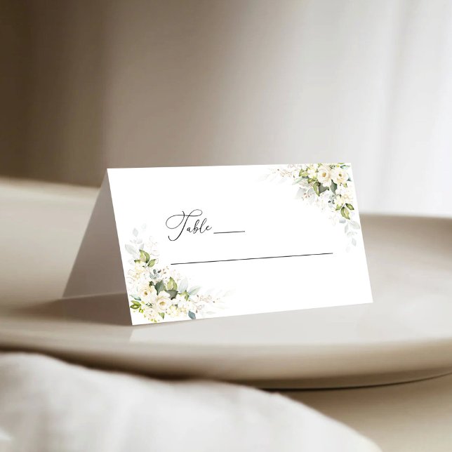 Carte De Placement Carte de Mariage pliée Roses blanches vertes (Créateur téléchargé)