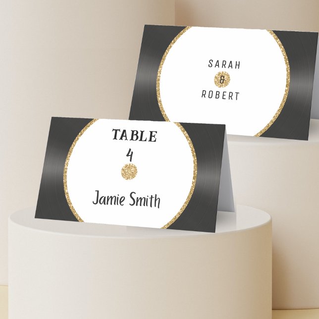 Carte De Placement Carte de Mariage Retro Gold Parties scintillant Vi (Retro Gold Glitter Vinyl Record Wedding Place Card
)