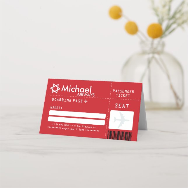 Carte De Placement Carte de place de billet Red Bar Mitzvah Airline (Devant)