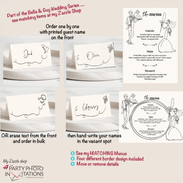 Carte De Placement carte de place mariage dessinée à la main (Bella & Guy hand drawn menu place cards)