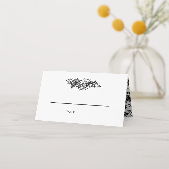 Carte De Placement Carte de place pliée Fleur sauvage noir et blanc (Devant)