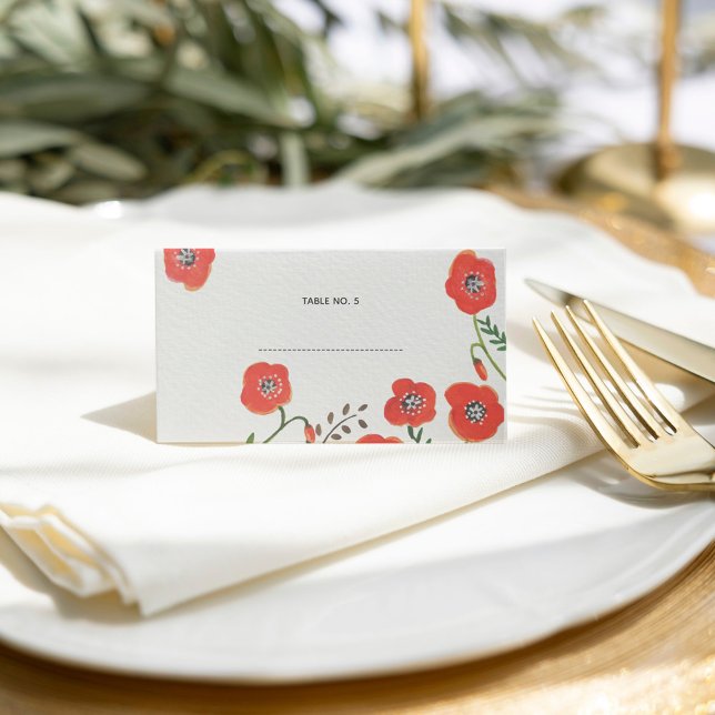 Carte De Placement Carte mariage moderne à fleurs rouges (Red poppies modern floral wedding place card)