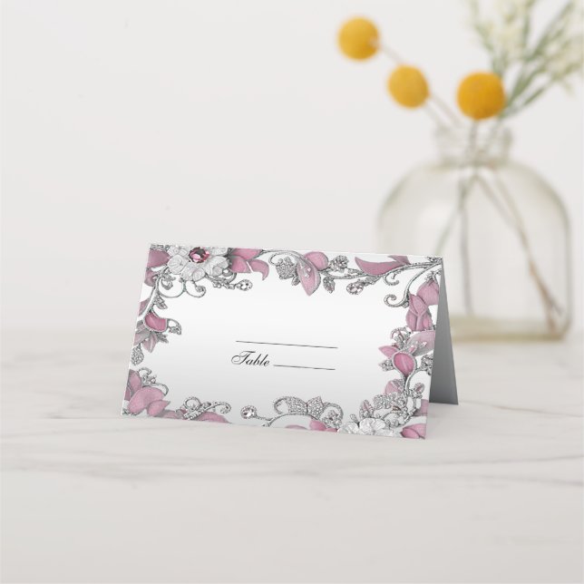 Carte De Placement Carte Pink Silver White Floral Place (Devant)