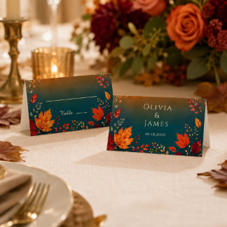 Carte De Placement Carton de table Feuilles de chêne rustique teal et