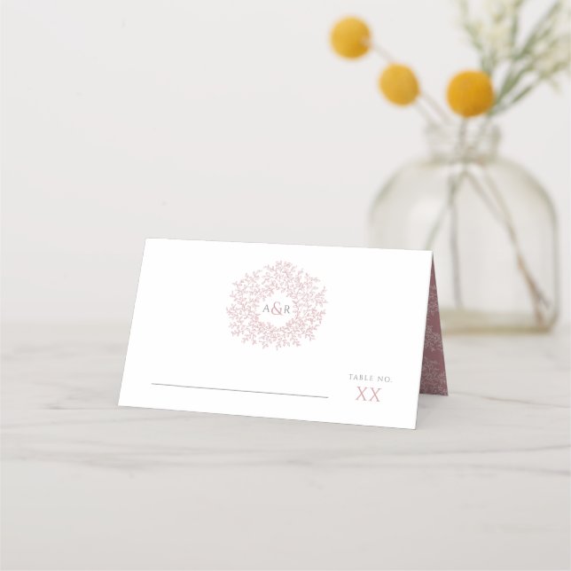 Carte De Placement Cercle de feuilles roses dessin mariage monogramme (Devant)