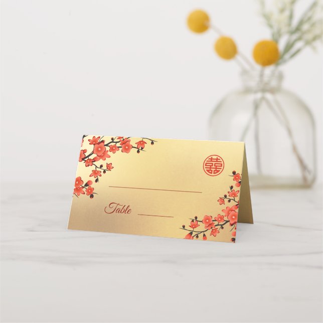 Carte De Placement Cerisier Blossom Rouge Or | Mariage chinois (Devant)