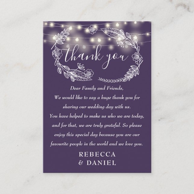 Carte De Placement Chaîne éclaire Merci Floral Mariage violet (Devant)