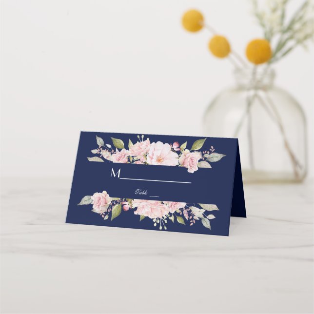 Carte De Placement Charme Blush rose Floral Fleur Marine Mariage bleu (Dos)