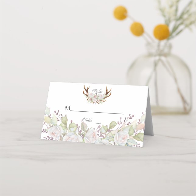 Carte De Placement Charme Fleurs blanches Antlers Mariage Numéro de t (Devant)