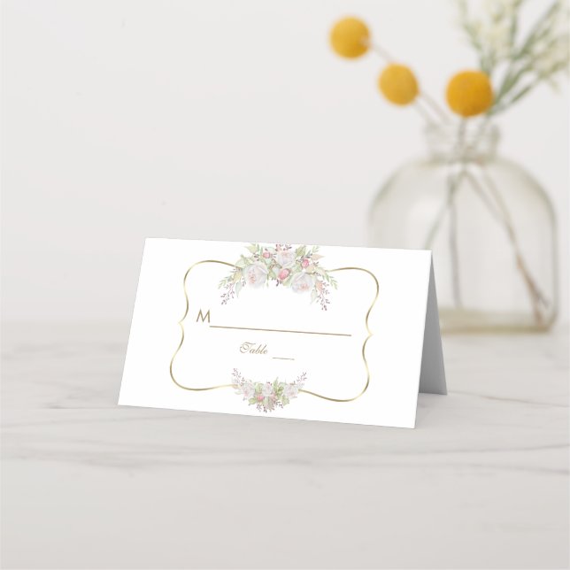 Carte De Placement Charme Fleurs blanches Mariage or Numéro de table (Devant)