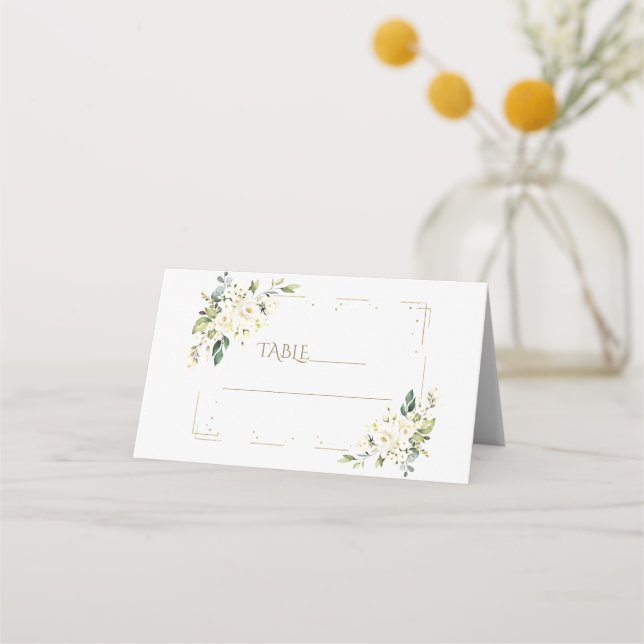 Carte De Placement Charming White Flowers Gold Baptême Numéro de tabl (Devant)