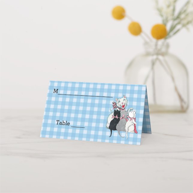 Carte De Placement Chat mère blanc souriant Trois chatons sur Plaid (Devant)