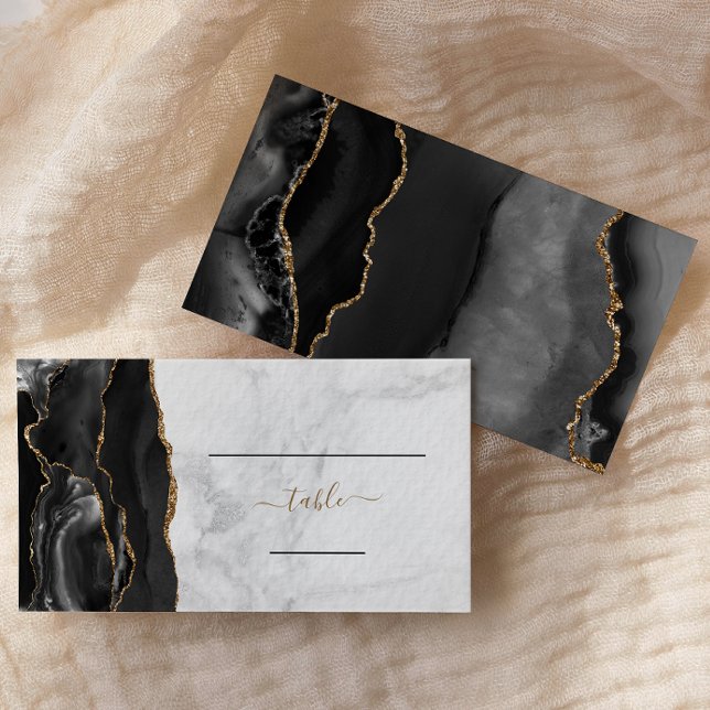 Carte De Placement Chic Black Gold Agate Mariage en marbre (Créateur téléchargé)