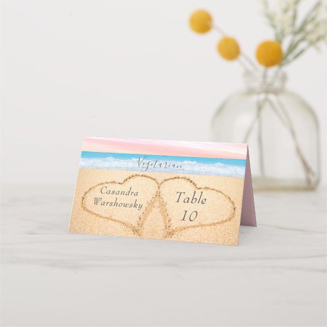 Carte De Placement Chic Blush Pink Purple Beach Mariage 2 Heart Sand (Devant)