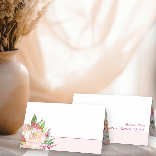 Carte De Placement Chic Floral Blush rose et or Flower (Personalized Place Cards from my Floral Chic Quinceanera Collection
)