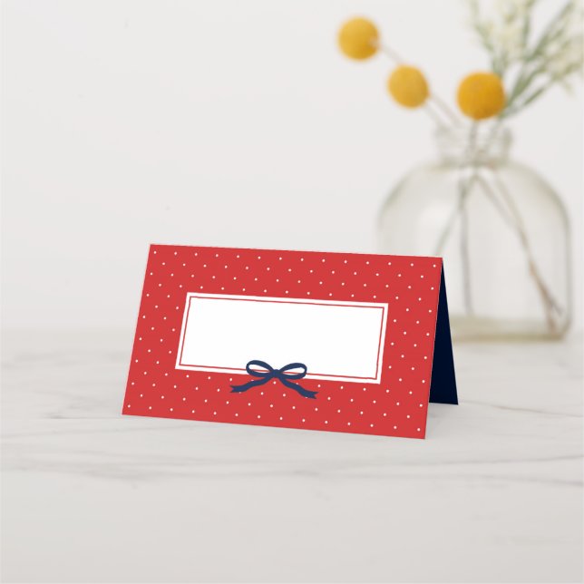 Carte De Placement Chic moderne Polka Point rouge avec ruban bleu (Devant)