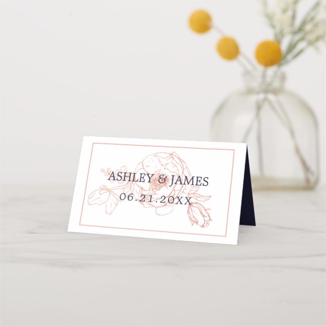 Carte De Placement Chic Rose Gold Floral Outline Marine Blue Mariage (Devant)