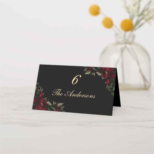 Carte De Placement Chic rouge foncé vert gothique moody mariage (Devant)