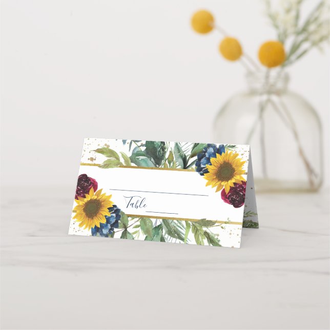 Carte De Placement Chic Tournesol Floral Or Paillettes Réception de M (Devant)