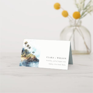 Carte De Placement Chic Watercolor Seascape Palm Tree Island Mariage