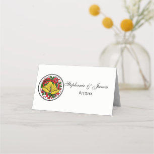 Carte De Placement Christmas Bells Holly Ruban Rouge