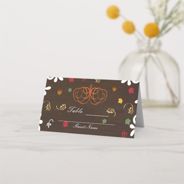 Carte De Placement Chute en Amour Citrouille Feuilles et table en boi (Dos)